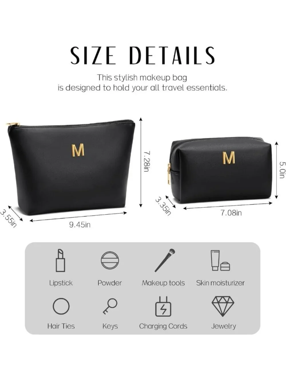 Personalized Initial Makeup Bag | PU Leather Cosmetic Travel Bag for Women
